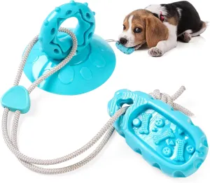 Dog Chew Toy with Suction Cup for Aggressive Chewers, Puppy Training Treats Food Dispensing Toothbrush Pet Teeth Cleaning Rope Toys (Blue)