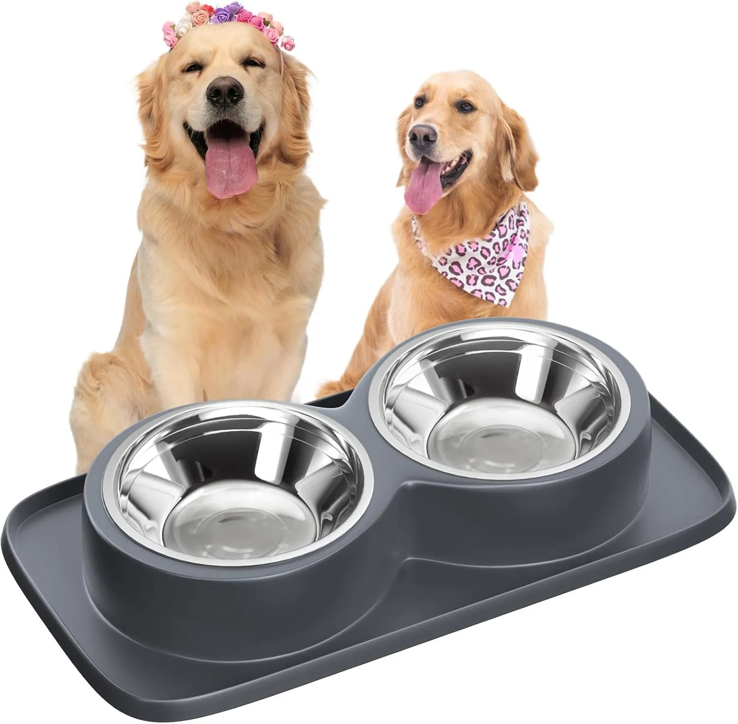 Dog Food Bowl with Mat Double No Spill No Mess Stainless Steel Bowls Easy to Clean Dog Water and Food Bowls Non-Skid Design, Perfect for Medium or Small Breeds, Grey