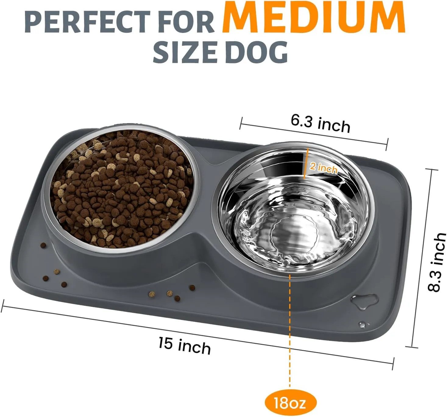 Dog Food Bowl with Mat Double No Spill No Mess Stainless Steel Bowls Easy to Clean Dog Water and Food Bowls Non-Skid Design, Perfect for Medium or Small Breeds, Grey