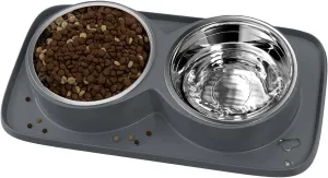 Dog Food Bowl with Mat Double No Spill No Mess Stainless Steel Bowls Easy to Clean Dog Water and Food Bowls Non-Skid Design, Perfect for Medium or Small Breeds, Grey