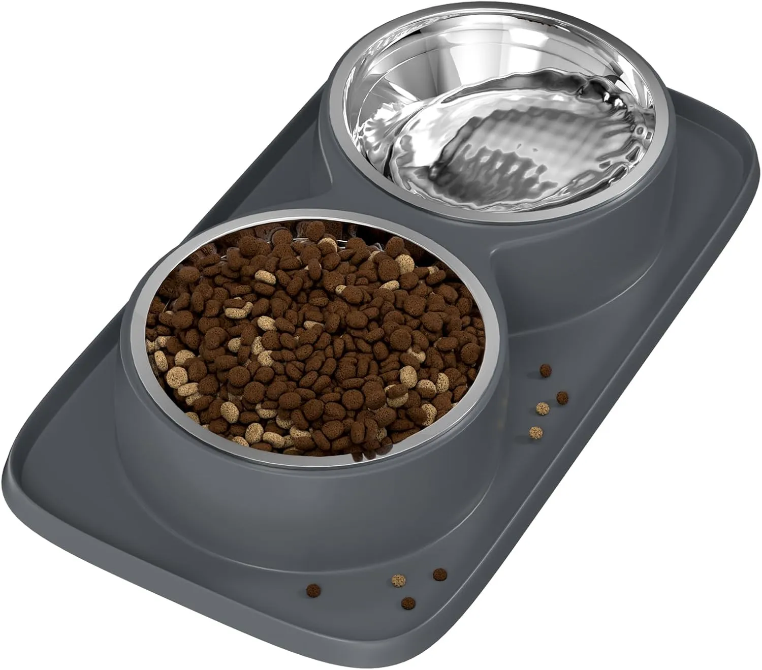 Dog Food Bowl with Mat Double No Spill No Mess Stainless Steel Bowls Easy to Clean Dog Water and Food Bowls Non-Skid Design, Perfect for Medium or Small Breeds, Grey