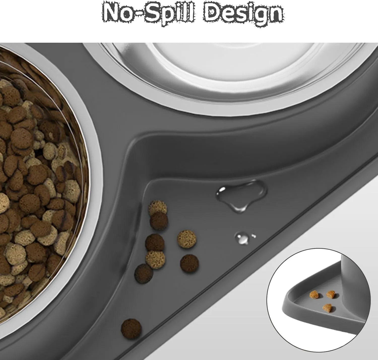 Dog Food Bowl with Mat Double No Spill No Mess Stainless Steel Bowls Easy to Clean Dog Water and Food Bowls Non-Skid Design, Perfect for Medium or Small Breeds, Grey