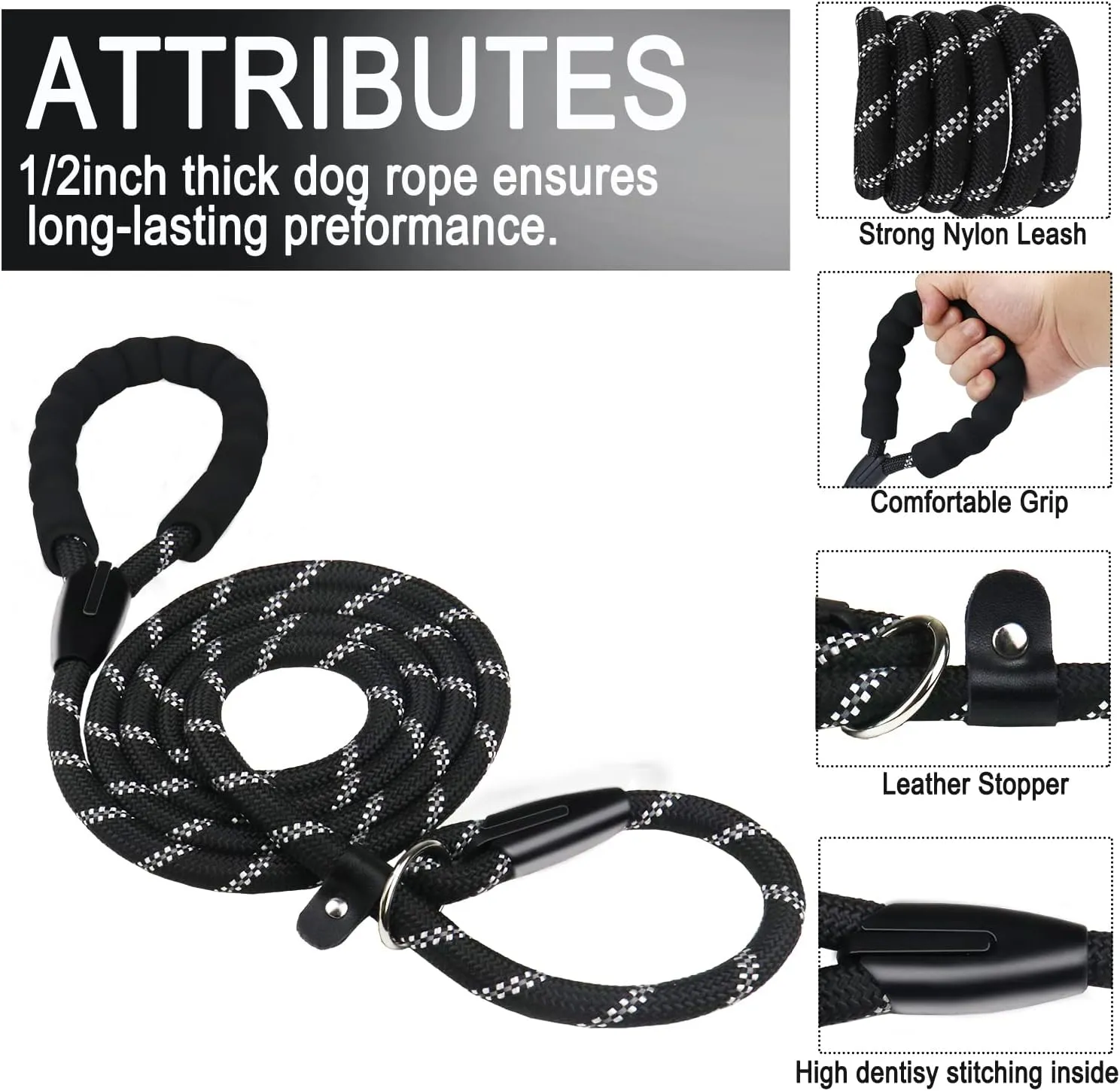 Dog Leash, 6 FT Heavy Duty Dog Leashes, Durable Premium Quality Strong Rope Slip Leash with Comfortable Padded Handle and Highly Reflective Threads for Small Medium and Large Dogs, (Black)