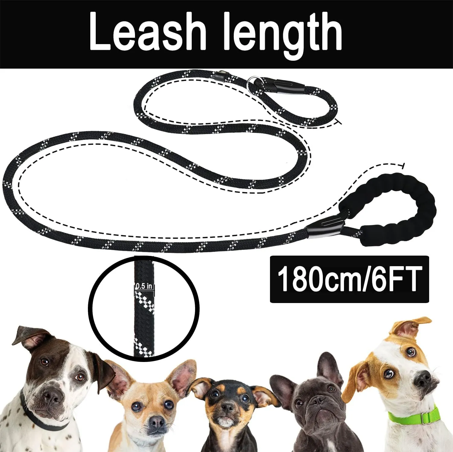 Dog Leash, 6 FT Heavy Duty Dog Leashes, Durable Premium Quality Strong Rope Slip Leash with Comfortable Padded Handle and Highly Reflective Threads for Small Medium and Large Dogs, (Black)