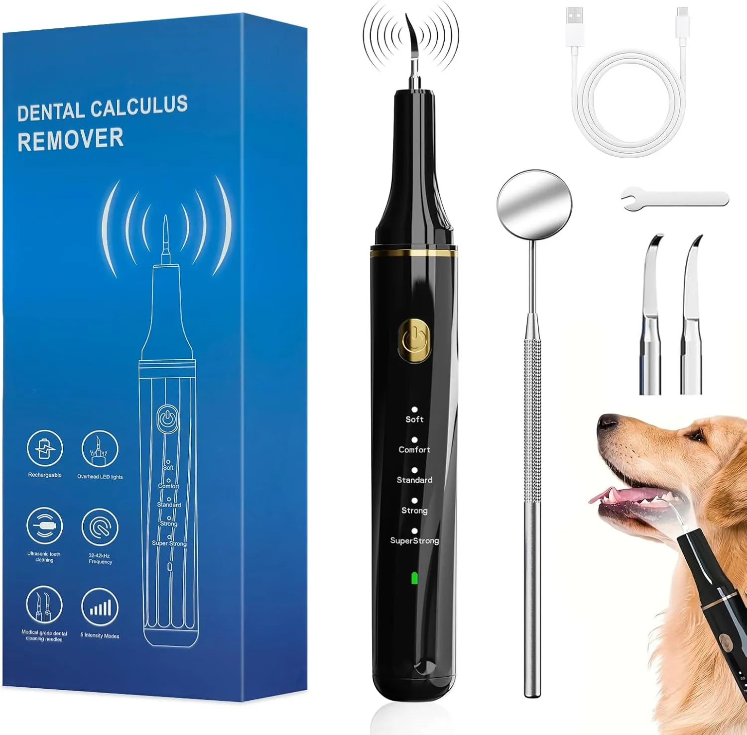 Dog Plaque and Tartar Remover, Plaque Remover for Teeth with LED Light, 5 Modes Dog Tartar Remover for Teeth 4 Set, Low Noise Ultrasonic Tooth Cleaning Kit Tool for Dogs and Cats Black