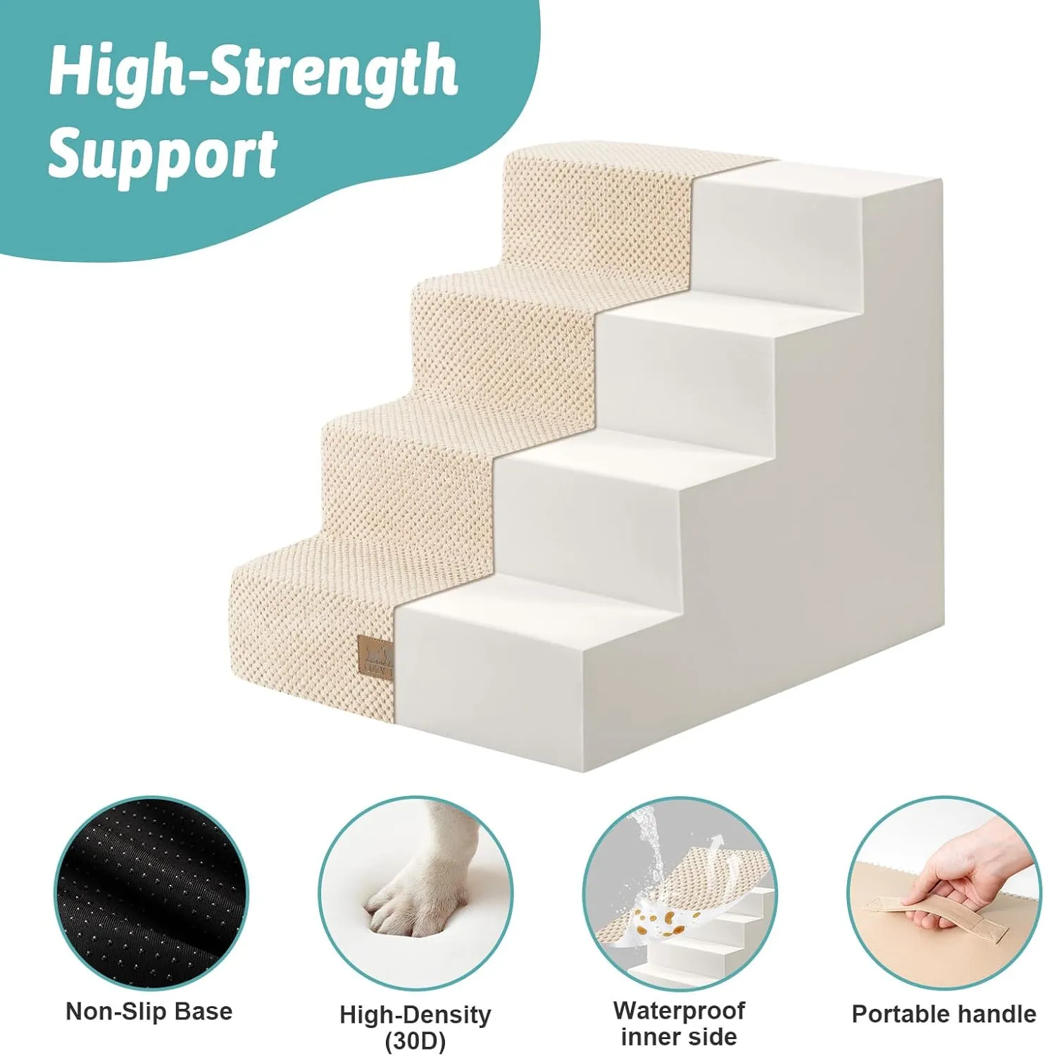 Dog Stairs for Small Dogs, 4 Tier Wider Pet Stairs for Couch and Beds, 17.7" H Non-Slip Dog Steps for Old Cats, Puppy, Small Medium Dogs, 17.7x23.6x17.7 inch, Beige