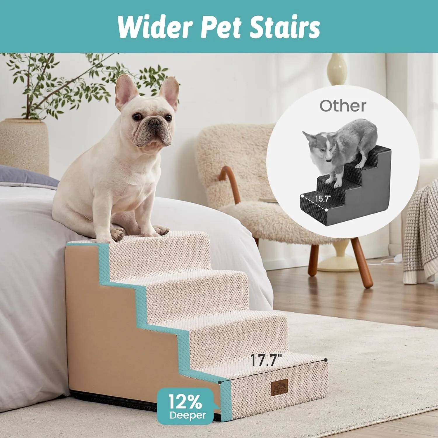 Dog Stairs for Small Dogs, 4 Tier Wider Pet Stairs for Couch and Beds, 17.7" H Non-Slip Dog Steps for Old Cats, Puppy, Small Medium Dogs, 17.7x23.6x17.7 inch, Beige