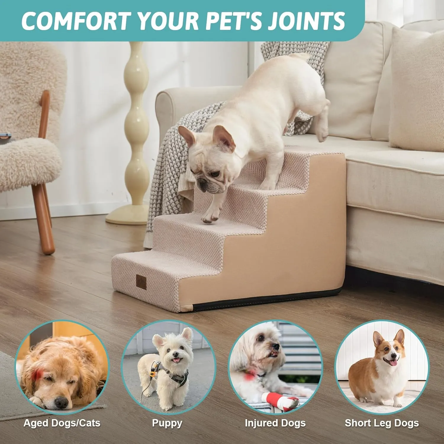 Dog Stairs for Small Dogs, 4 Tier Wider Pet Stairs for Couch and Beds, 17.7" H Non-Slip Dog Steps for Old Cats, Puppy, Small Medium Dogs, 17.7x23.6x17.7 inch, Beige
