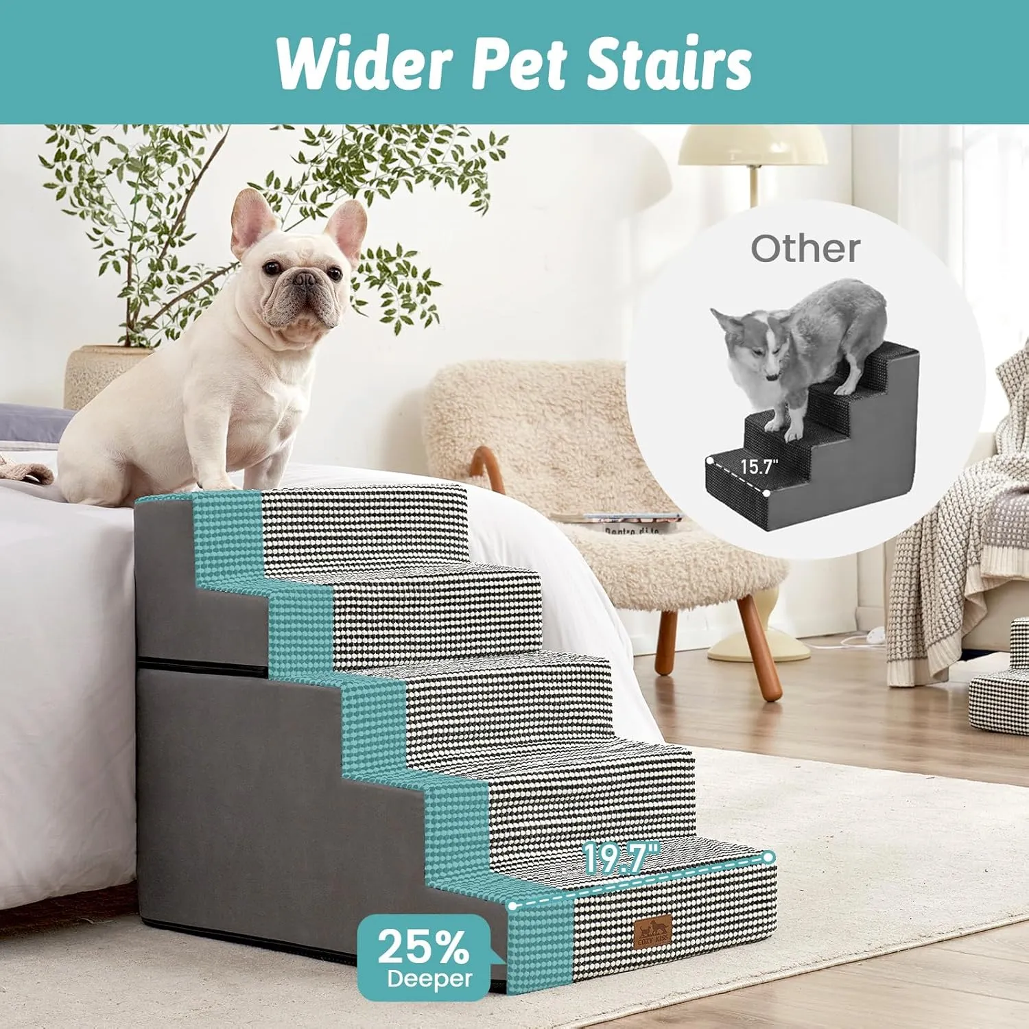 Dog Stairs for Small Dogs, 5 Tier Removable Wider Pet Stairs for Couch and Bed, 23.6" H Non-Slip Dog Steps for Puppies and Old Cats with Support Board, 29.5x19.7x23.6 inch, White Black