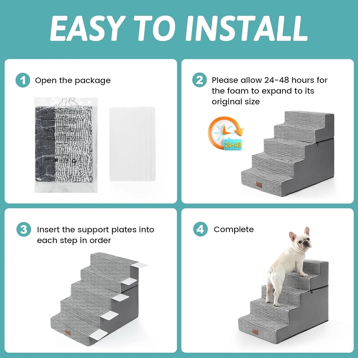 Dog Stairs for Small Dogs, 5 Tier Removable Wider Pet Stairs for Couch and Bed, 23.6" H Non-Slip Dog Steps for Puppies and Old Cats with Support Board, 29.5x19.7x23.6 inch, White Black