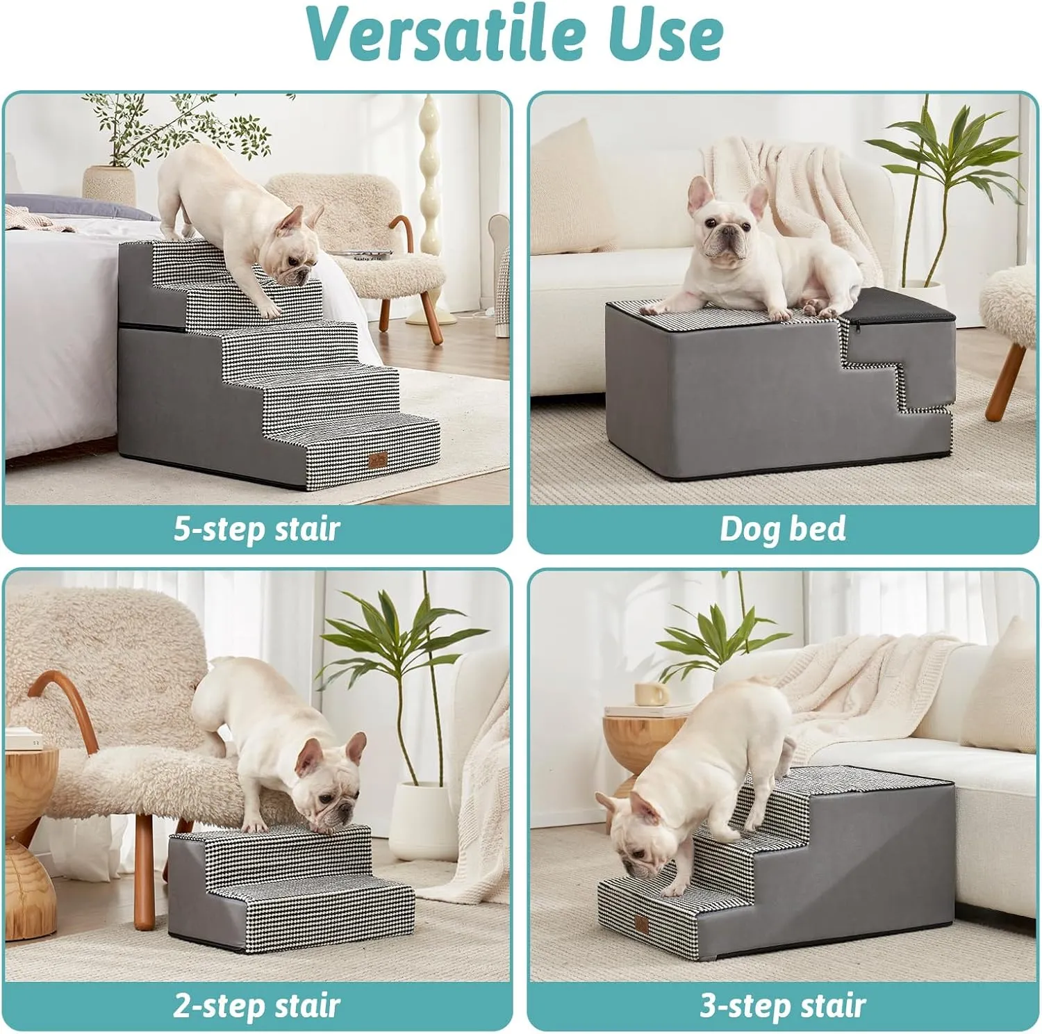 Dog Stairs for Small Dogs, 5 Tier Removable Wider Pet Stairs for Couch and Bed, 23.6" H Non-Slip Dog Steps for Puppies and Old Cats with Support Board, 29.5x19.7x23.6 inch, White Black