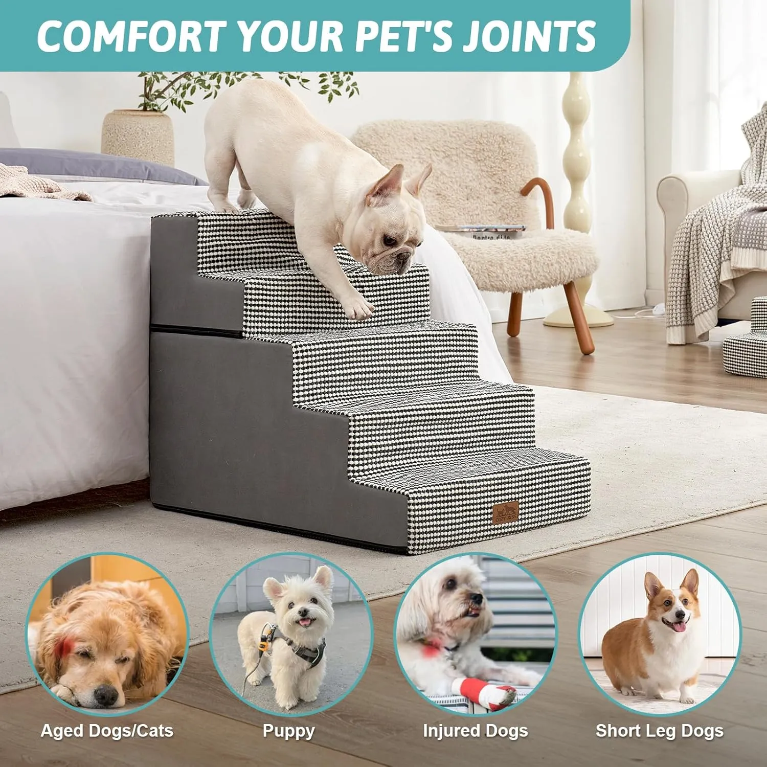 Dog Stairs for Small Dogs, 5 Tier Removable Wider Pet Stairs for Couch and Bed, 23.6" H Non-Slip Dog Steps for Puppies and Old Cats with Support Board, 29.5x19.7x23.6 inch, White Black