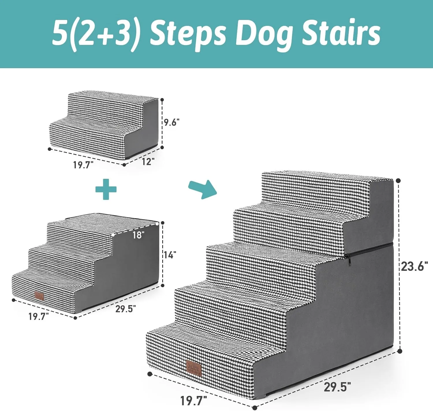 Dog Stairs for Small Dogs, 5 Tier Removable Wider Pet Stairs for Couch and Bed, 23.6" H Non-Slip Dog Steps for Puppies and Old Cats with Support Board, 29.5x19.7x23.6 inch, White Black