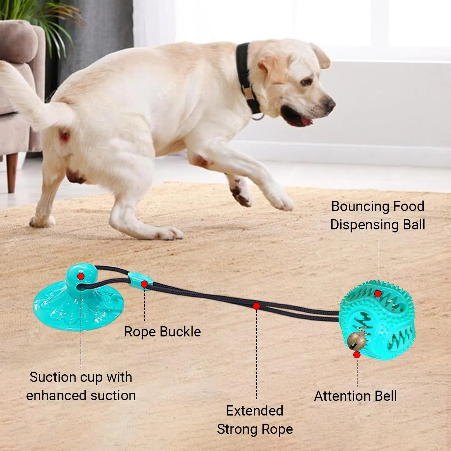 Dog Treat Food Dispensing Ball - Chew Toy with Suction Cup for Aggressive Chewers, Tug of War Toy, Stimulating Dog Activity Games for Training/Puppy Enrichment (Aqua)