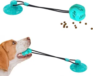 Dog Treat Food Dispensing Ball - Chew Toy with Suction Cup for Aggressive Chewers, Tug of War Toy, Stimulating Dog Activity Games for Training/Puppy Enrichment (Aqua)