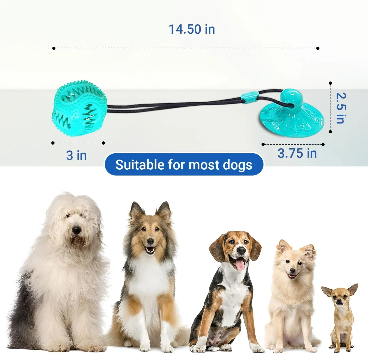 Dog Treat Food Dispensing Ball - Chew Toy with Suction Cup for Aggressive Chewers, Tug of War Toy, Stimulating Dog Activity Games for Training/Puppy Enrichment (Aqua)