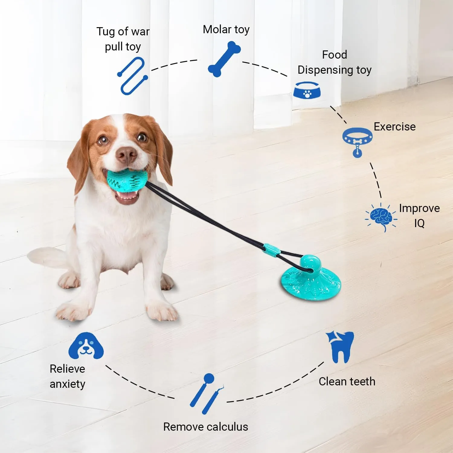 Dog Treat Food Dispensing Ball - Chew Toy with Suction Cup for Aggressive Chewers, Tug of War Toy, Stimulating Dog Activity Games for Training/Puppy Enrichment (Aqua)