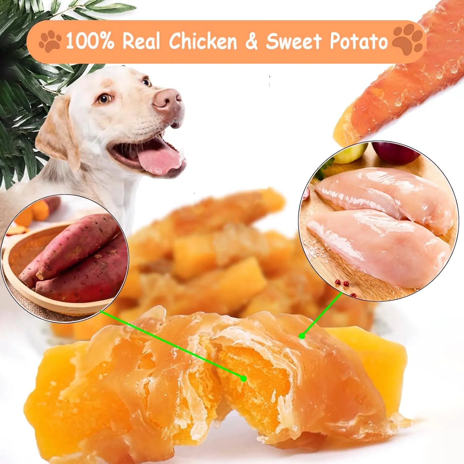 Dog Treats, 1.5 lb(24 oz) Chicken Wrapped Sweet Potato, Made with Real Chicken, Rawhide Free, Long Lasting Easily Digestible, Satisfies Dog's Urge to Chew, Premium Value Jumbo Pack