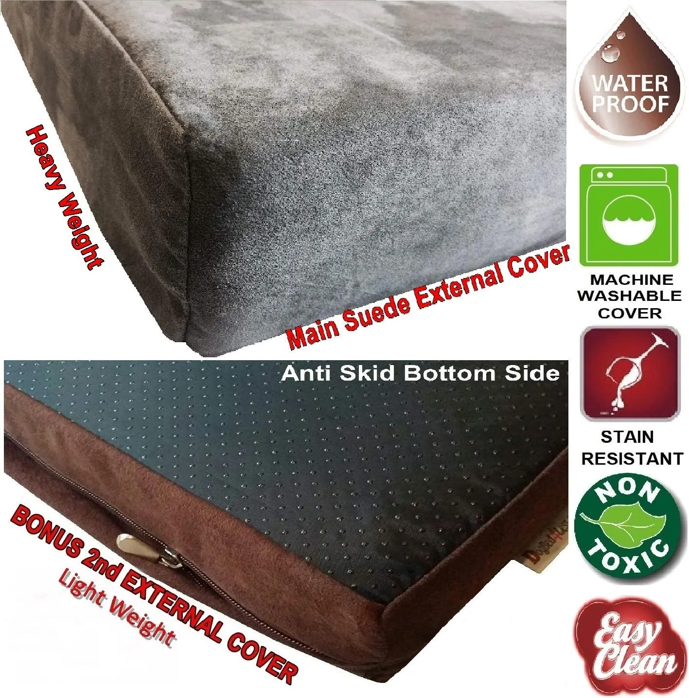 Dogbed4less Orthopedic Gel Memory Foam Dog Bed with Microsuede Gray Cover, Waterproof Liner and Extra Replacement Pet Bed Case, Fit Large 42"X28" Crate