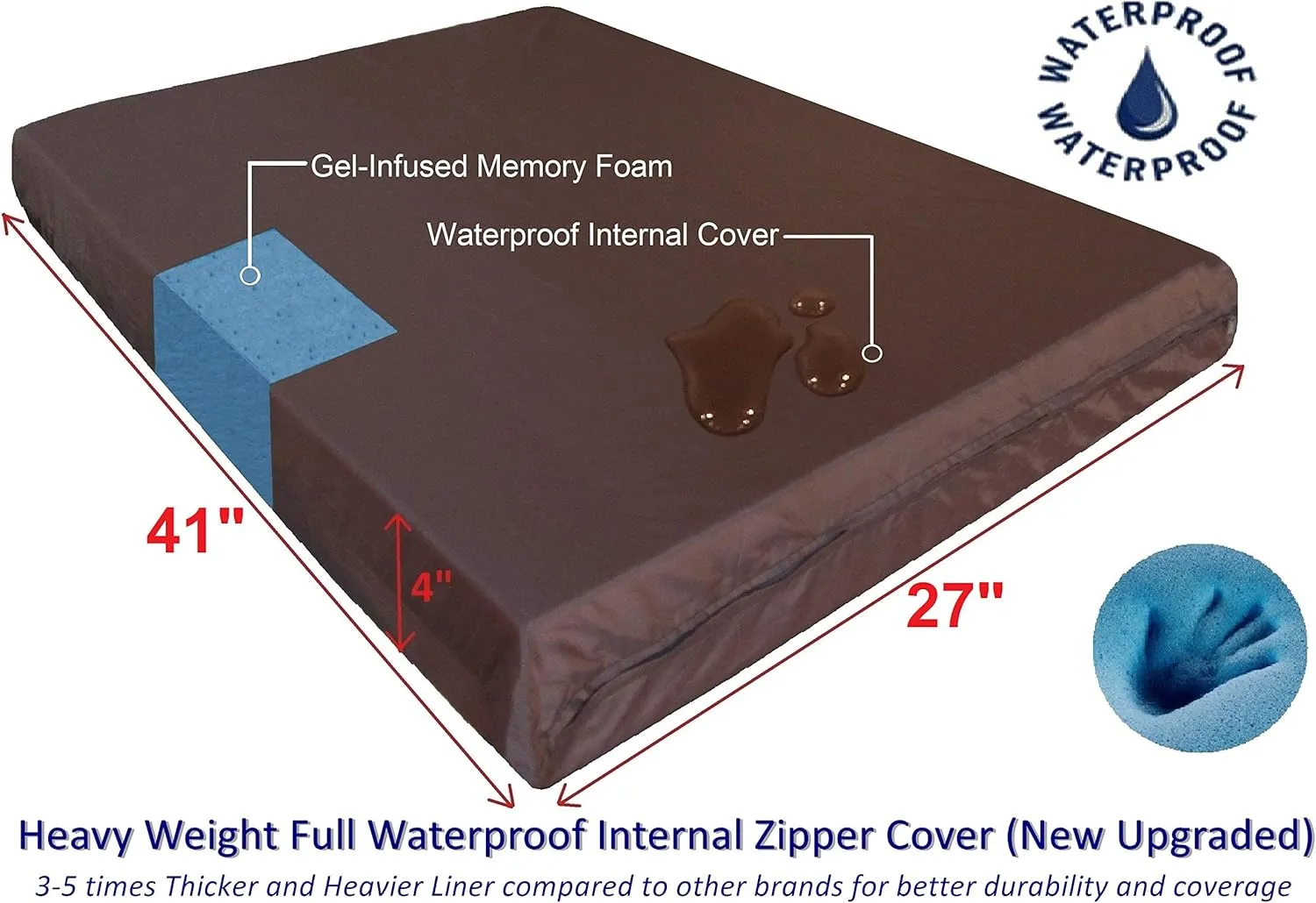 Dogbed4less Orthopedic Gel Memory Foam Dog Bed with Microsuede Gray Cover, Waterproof Liner and Extra Replacement Pet Bed Case, Fit Large 42"X28" Crate