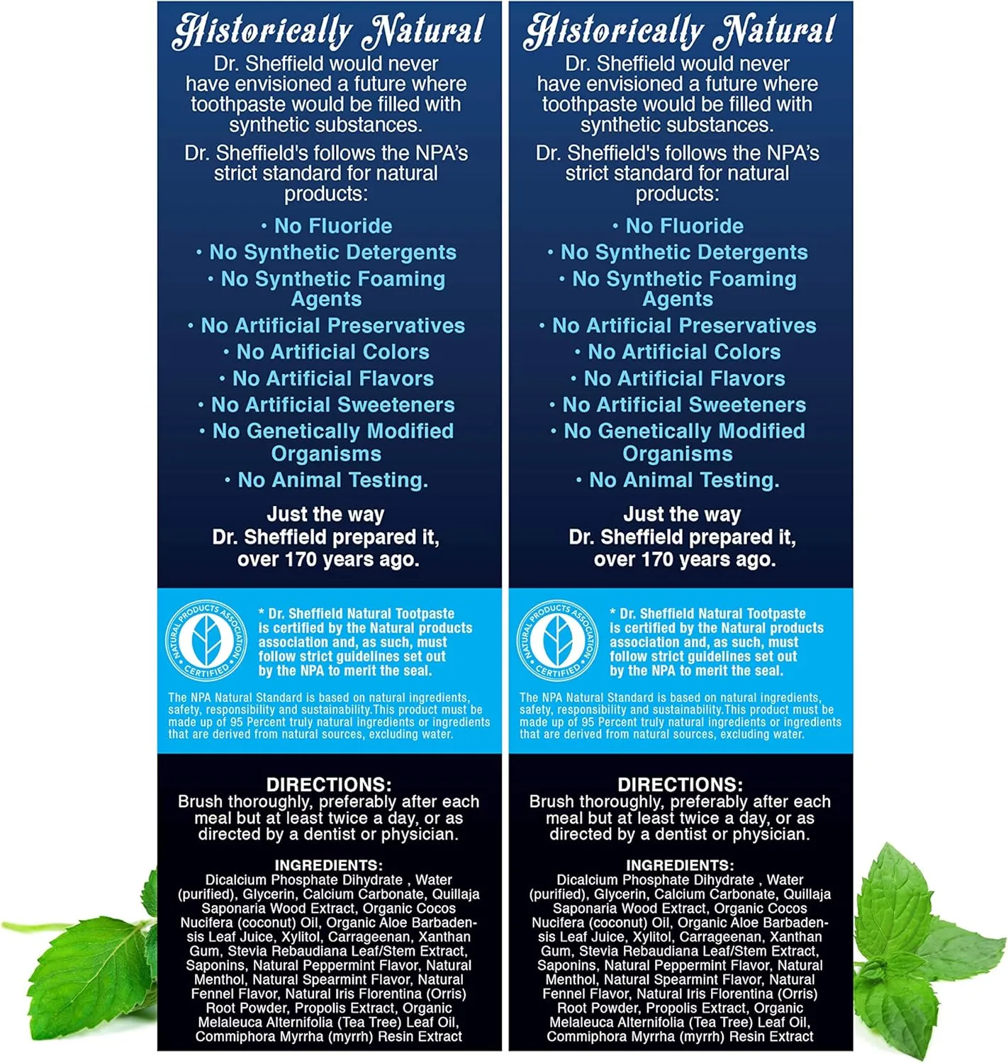 Dr. Sheffields Certified Natural Toothpaste (Peppermint) - Great Tasting, Fluoride Free Toothpaste/Freshen Your Breath, Whiten Your Teeth, Reduce Plaque (2-Pack)