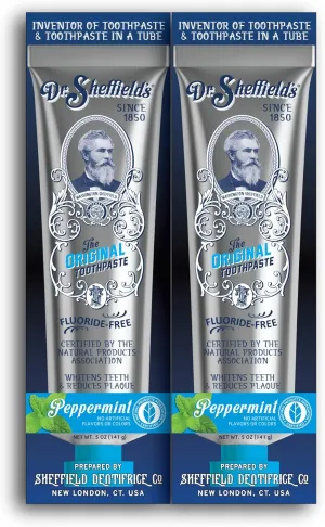 Dr. Sheffields Certified Natural Toothpaste (Peppermint) - Great Tasting, Fluoride Free Toothpaste/Freshen Your Breath, Whiten Your Teeth, Reduce Plaque (2-Pack)