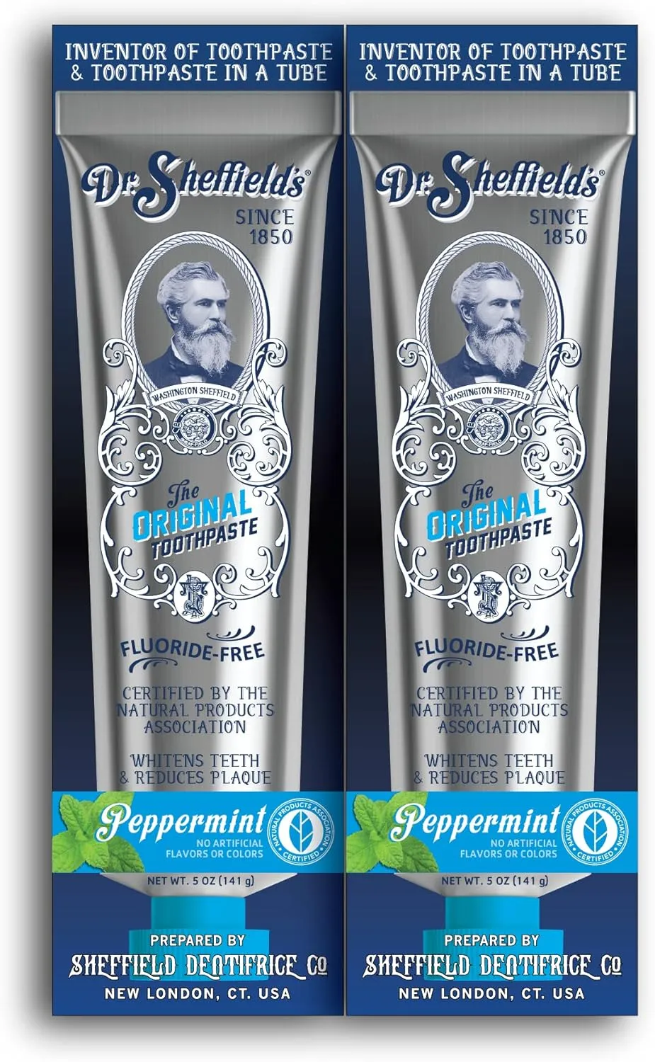 Dr. Sheffields Certified Natural Toothpaste (Peppermint) - Great Tasting, Fluoride Free Toothpaste/Freshen Your Breath, Whiten Your Teeth, Reduce Plaque (2-Pack)