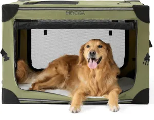 EHEYCIGA Collapsible Dog Crate 36 Inches, Portable Travel Crate for Large Dogs, Soft Foldable Pet Kennel with 4-Door Mesh Windows Indoor & Outdoor, Green