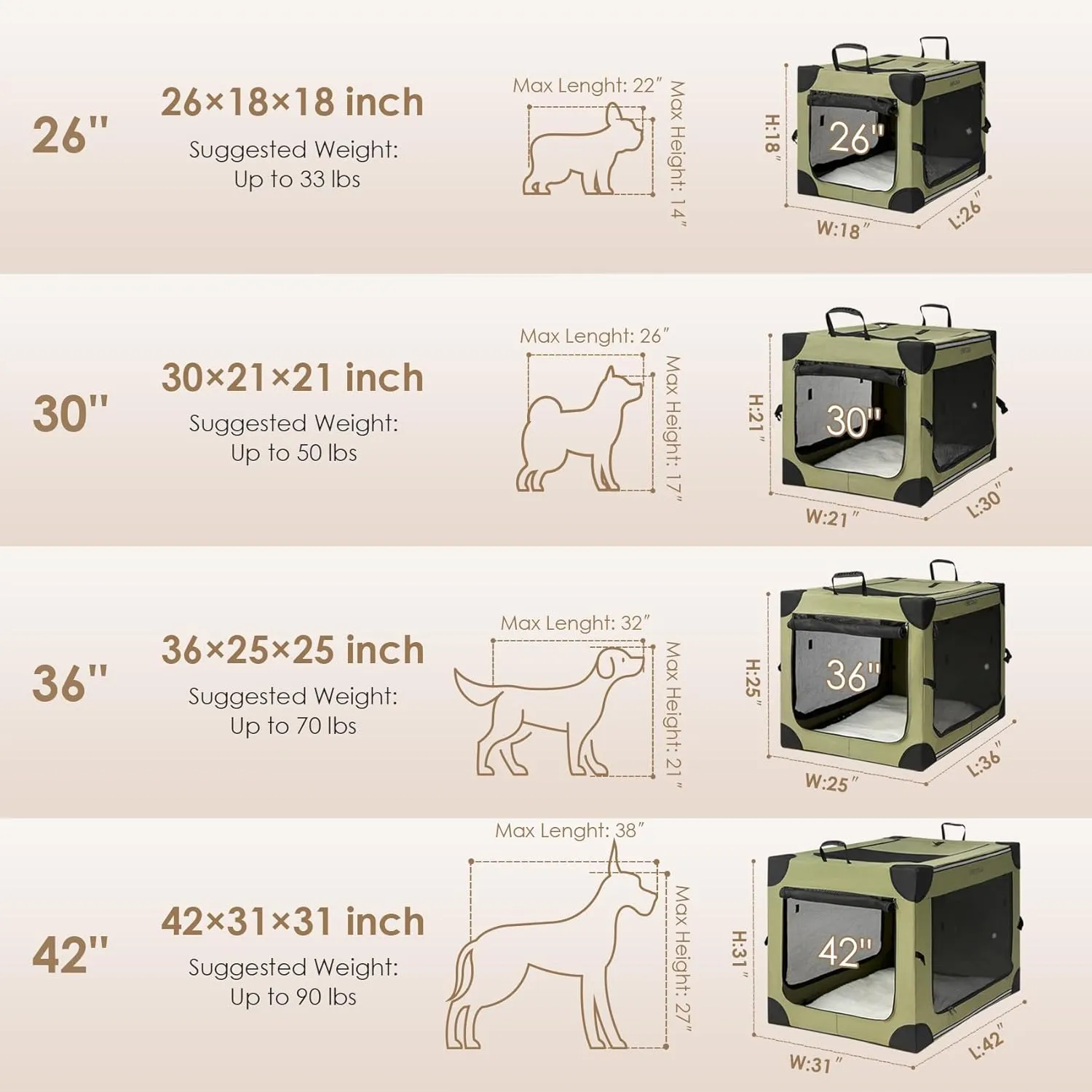 EHEYCIGA Collapsible Dog Crate 36 Inches, Portable Travel Crate for Large Dogs, Soft Foldable Pet Kennel with 4-Door Mesh Windows Indoor & Outdoor, Green