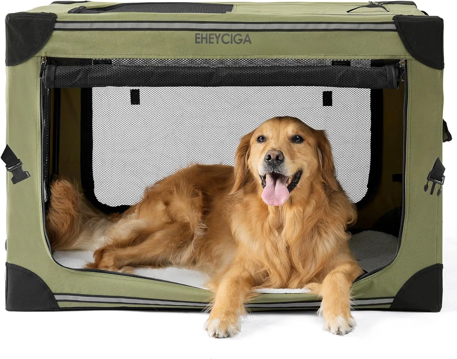 EHEYCIGA Collapsible Dog Crate 36 Inches, Portable Travel Crate for Large Dogs, Soft Foldable Pet Kennel with 4-Door Mesh Windows Indoor & Outdoor, Green