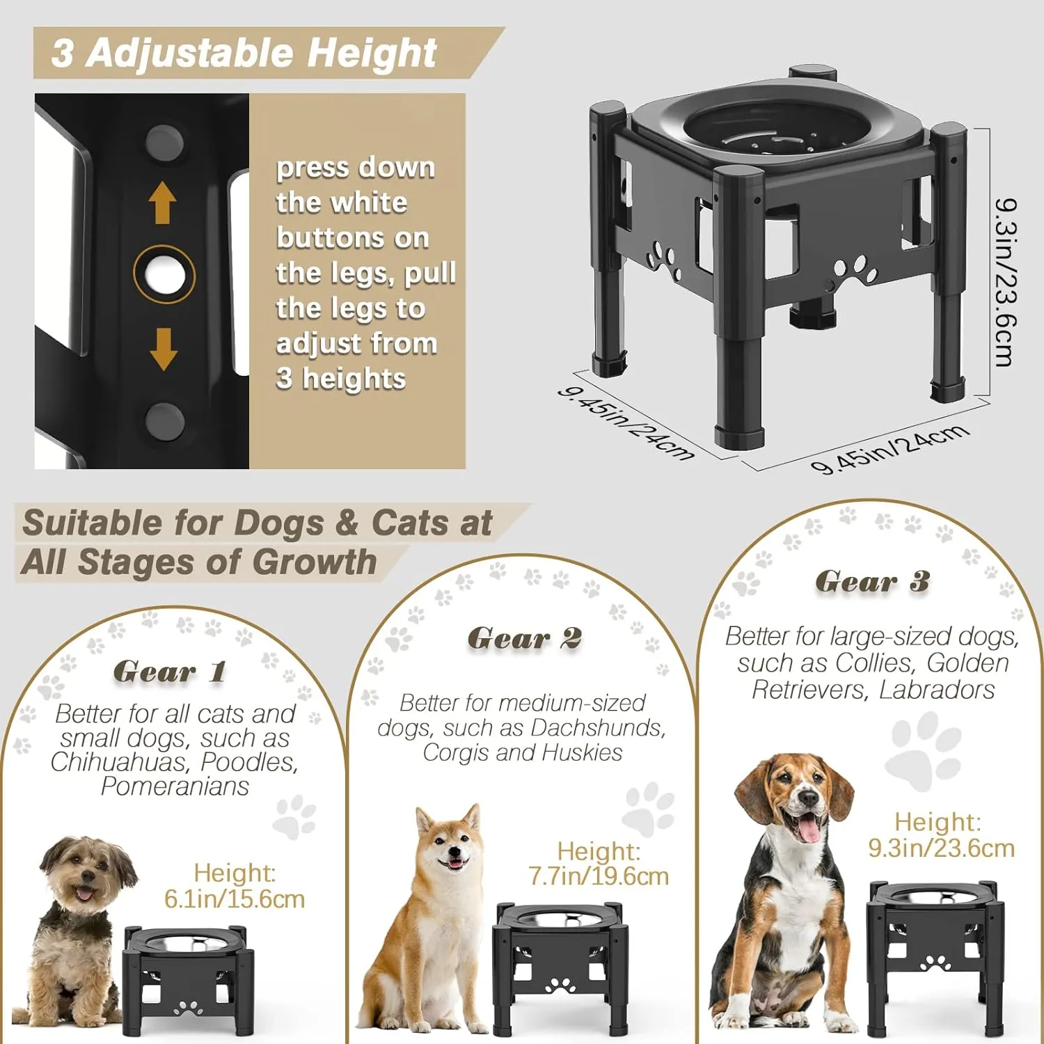 Elevated Dog Bowl Slow Feeder, Stainless Dog Water Bowl, 3 Heights Adjustable Non-Slip Raised Dog Bowl Stand, Detachable & Dishwasher Safe, Black, 1L Water Bowl 1.1L Slow Feeder Bowl