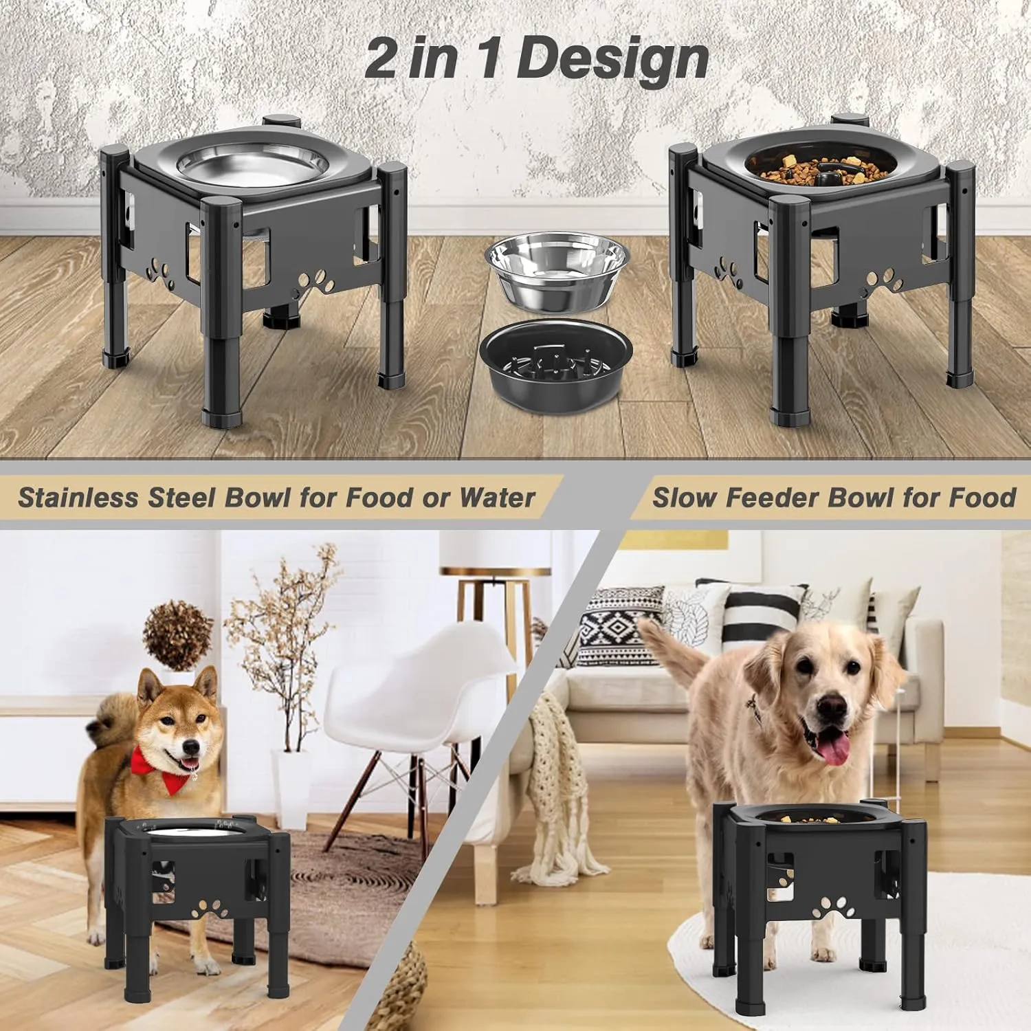 Elevated Dog Bowl Slow Feeder, Stainless Dog Water Bowl, 3 Heights Adjustable Non-Slip Raised Dog Bowl Stand, Detachable & Dishwasher Safe, Black, 1L Water Bowl 1.1L Slow Feeder Bowl