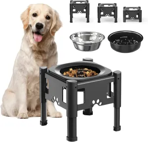 Elevated Dog Bowl Slow Feeder, Stainless Dog Water Bowl, 3 Heights Adjustable Non-Slip Raised Dog Bowl Stand, Detachable & Dishwasher Safe, Black, 1L Water Bowl 1.1L Slow Feeder Bowl