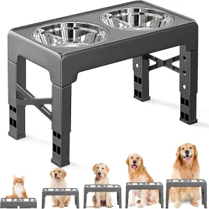 Elevated Dog Bowls - Raised Bowl Set With 4 Height Adjustable Stand, 2 Stainless Steel Food and Water Bowls - No Spill (Gray)