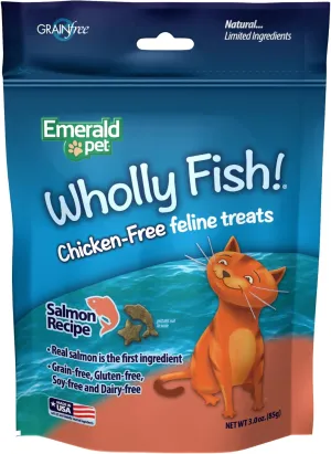 Emerald Pet Wholly Fish! Chicken-Free Feline Treats, Salmon Recipe  Tasty and Crunchy Salmon Cat Treats  Chicken-Free, Grain Free, Natural Cat Treats  Made in USA, 3 oz