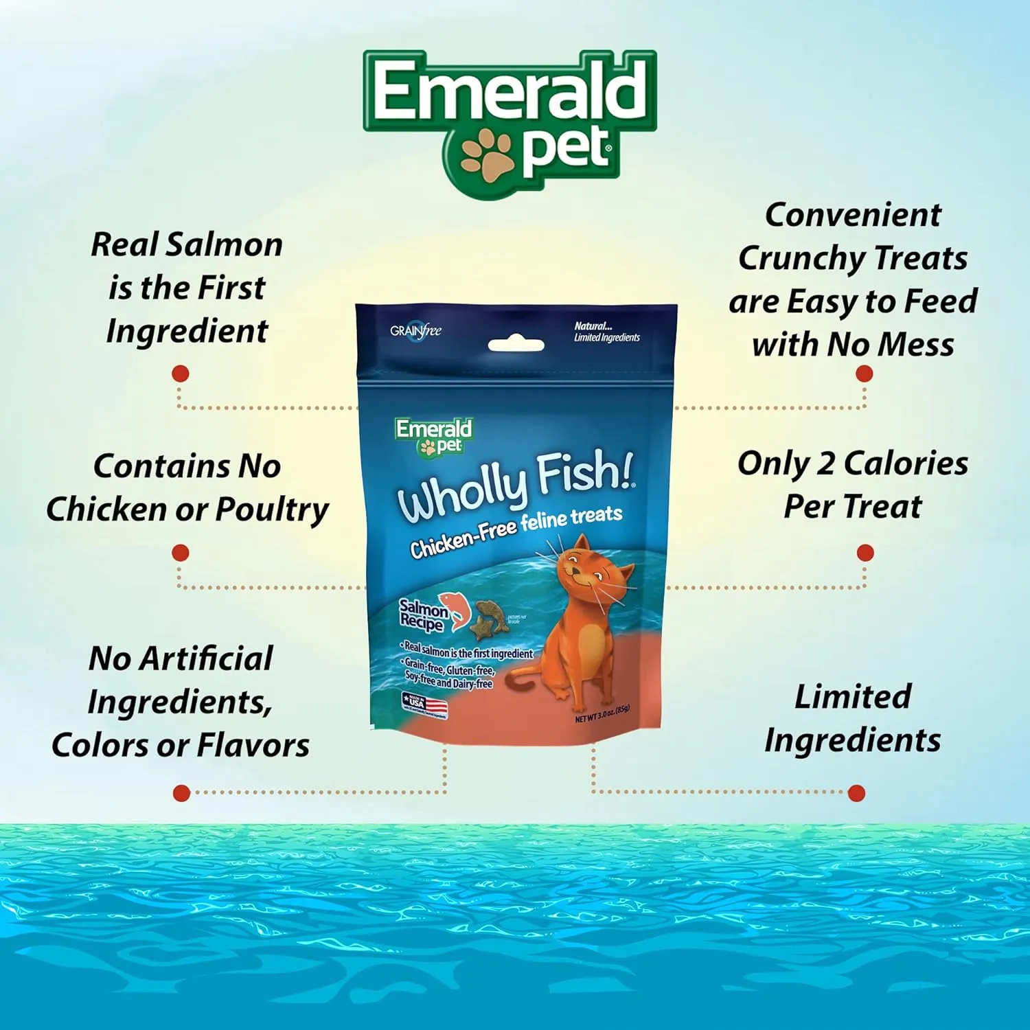 Emerald Pet Wholly Fish! Chicken-Free Feline Treats, Salmon Recipe  Tasty and Crunchy Salmon Cat Treats  Chicken-Free, Grain Free, Natural Cat Treats  Made in USA, 3 oz