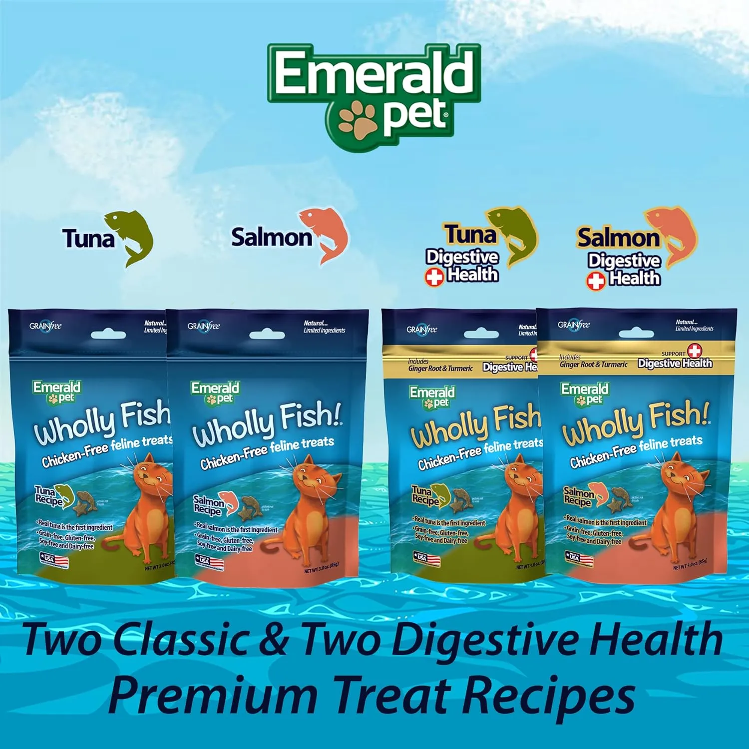 Emerald Pet Wholly Fish! Chicken-Free Feline Treats, Salmon Recipe  Tasty and Crunchy Salmon Cat Treats  Chicken-Free, Grain Free, Natural Cat Treats  Made in USA, 3 oz