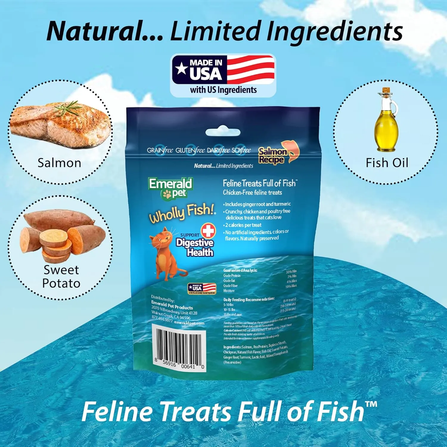 Emerald Pet Wholly Fish! Chicken-Free Feline Treats, Salmon Recipe  Tasty and Crunchy Salmon Cat Treats  Chicken-Free, Grain Free, Natural Cat Treats  Made in USA, 3 oz