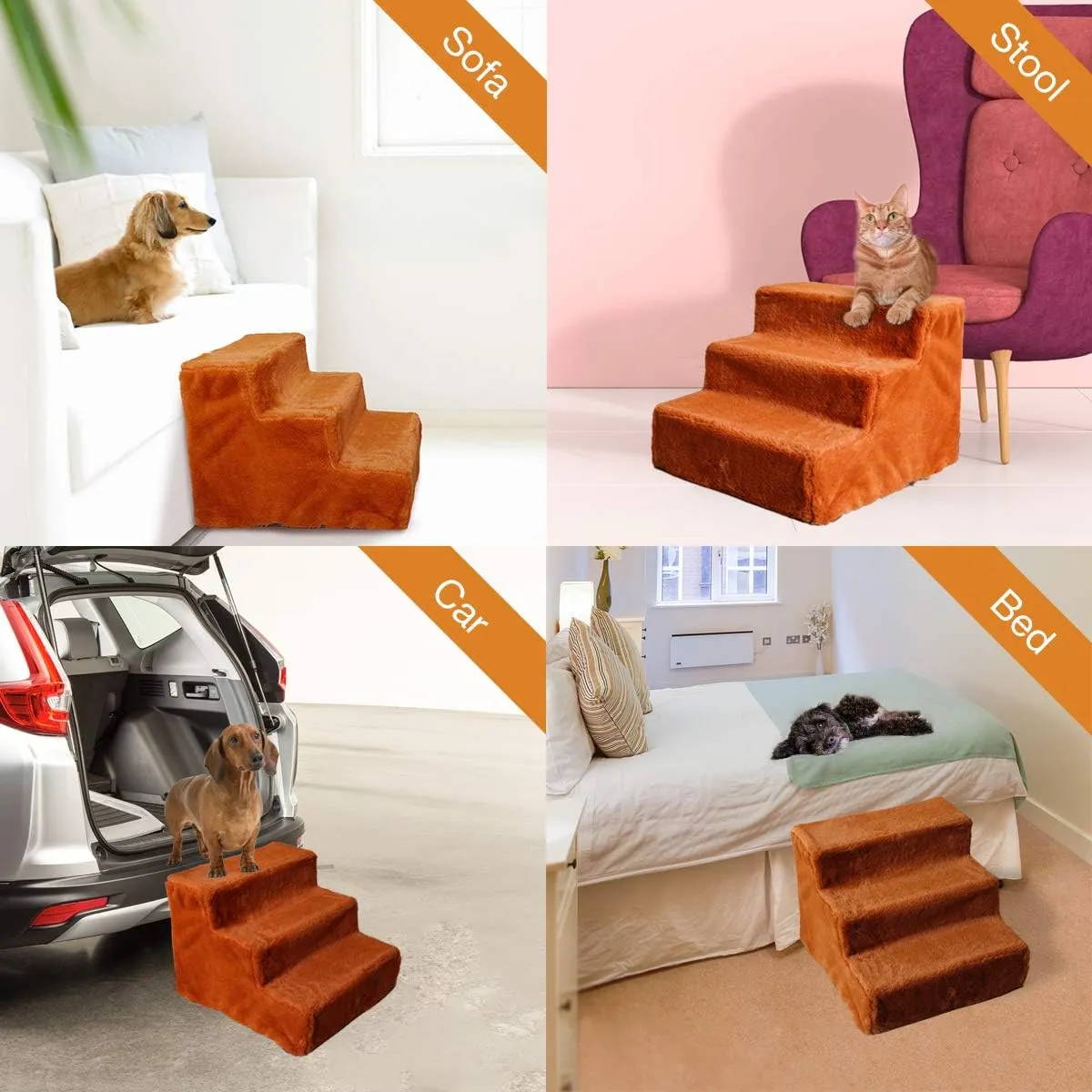 Enjoying Dog Stairs for High Bed and Couch Pet Steps for Small Dogs Short Legged Elderly Dogs Cat Ladder, Non-Slip, Self-Assembly, Washable, Brown