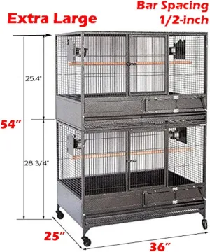 Extra Large Heavy Duty Stacker Breeding Breeder Parrot Aviary Bird Rolling Cage with 1/2" Bar Spacing (Black Vein, Double Stacker)