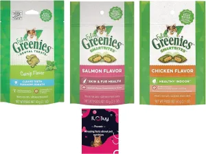 Feline Smartbites Treats for Cats Bundle, 01 Catnip Dental, 01 Salmon Skin&Fur Healthy and 01 Chicken Health Indoor.Total 3 Bags(2.1Oz Each) Plus a Booklet