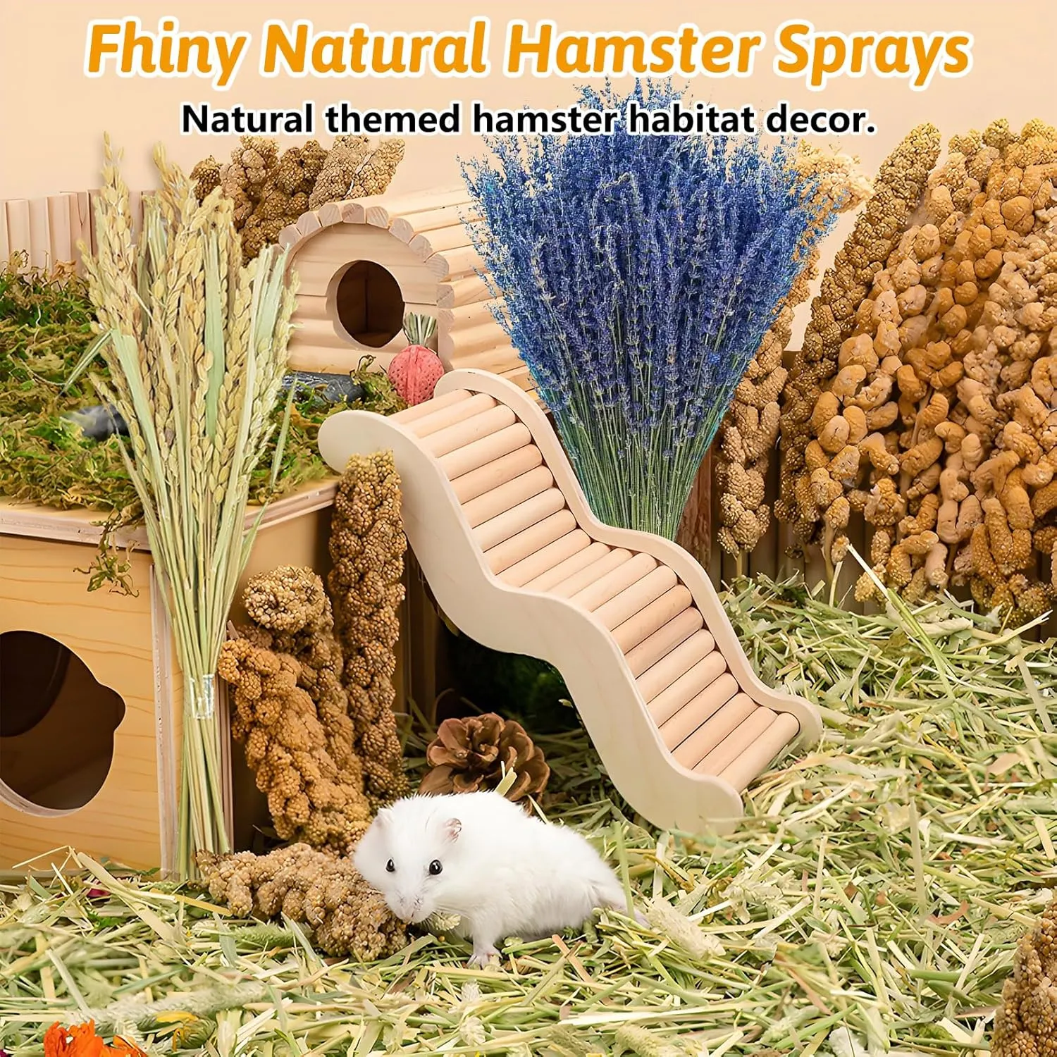 Fhiny Natural Hamster Bedding Mate, Edible Hamster Sprays Flowers & Herbs Gerbil Habitat Enclosure Decor Grain Treats Cage Accessories for Dwarf Syrian Hamster Gerbil Degus Lemming Mice