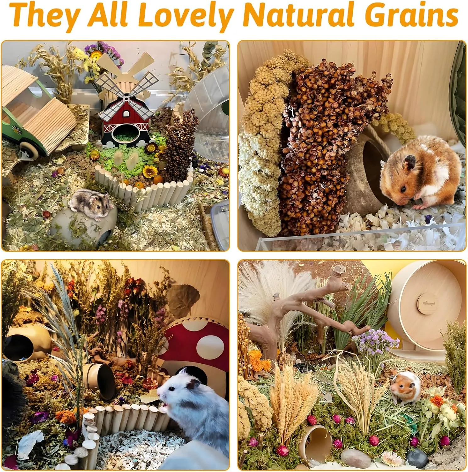 Fhiny Natural Hamster Bedding Mate, Edible Hamster Sprays Flowers & Herbs Gerbil Habitat Enclosure Decor Grain Treats Cage Accessories for Dwarf Syrian Hamster Gerbil Degus Lemming Mice