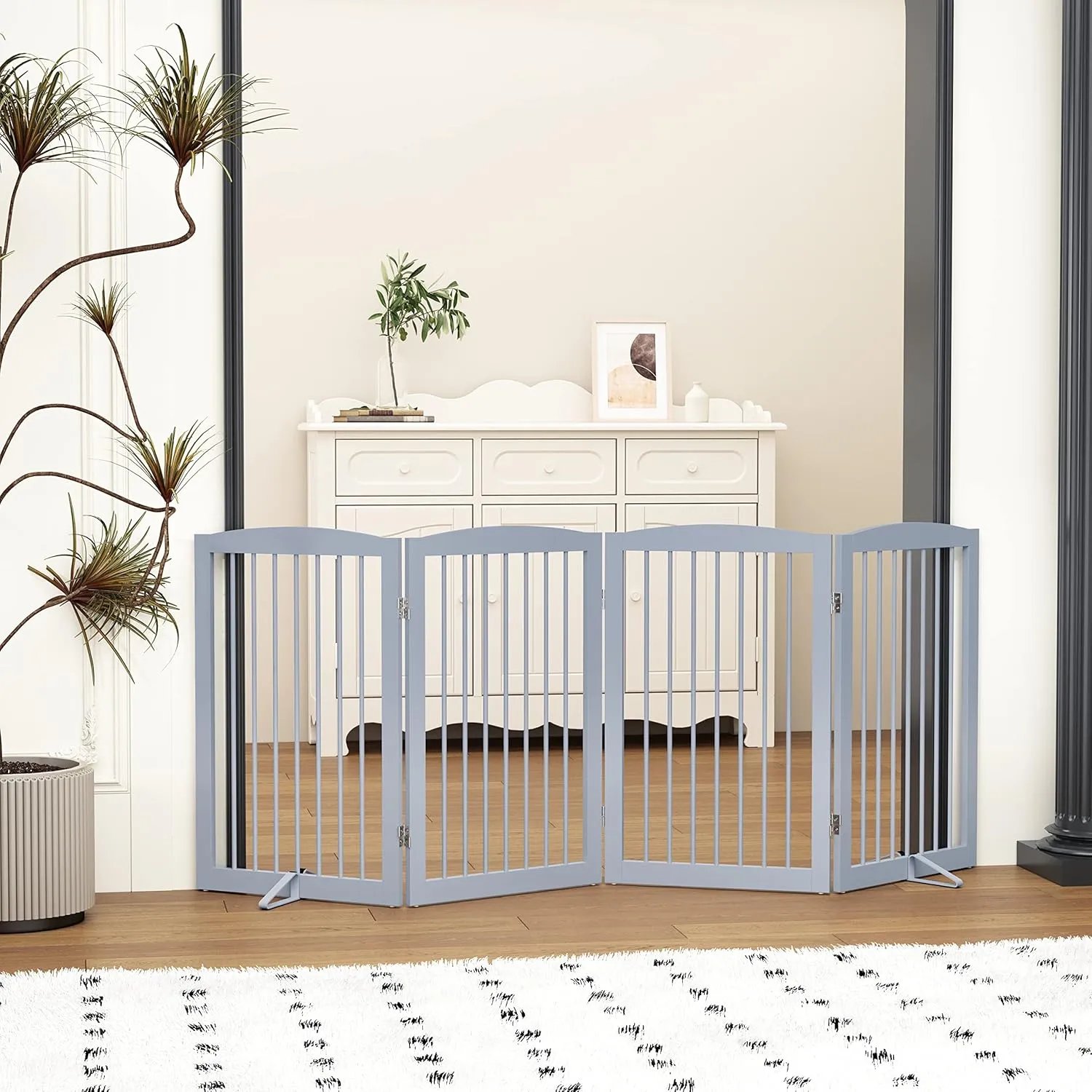 Freestanding Wooden Pet Gate - Foldable Indoor Dog Gate, 80 Inch Wide, 4 Panels, Grey
