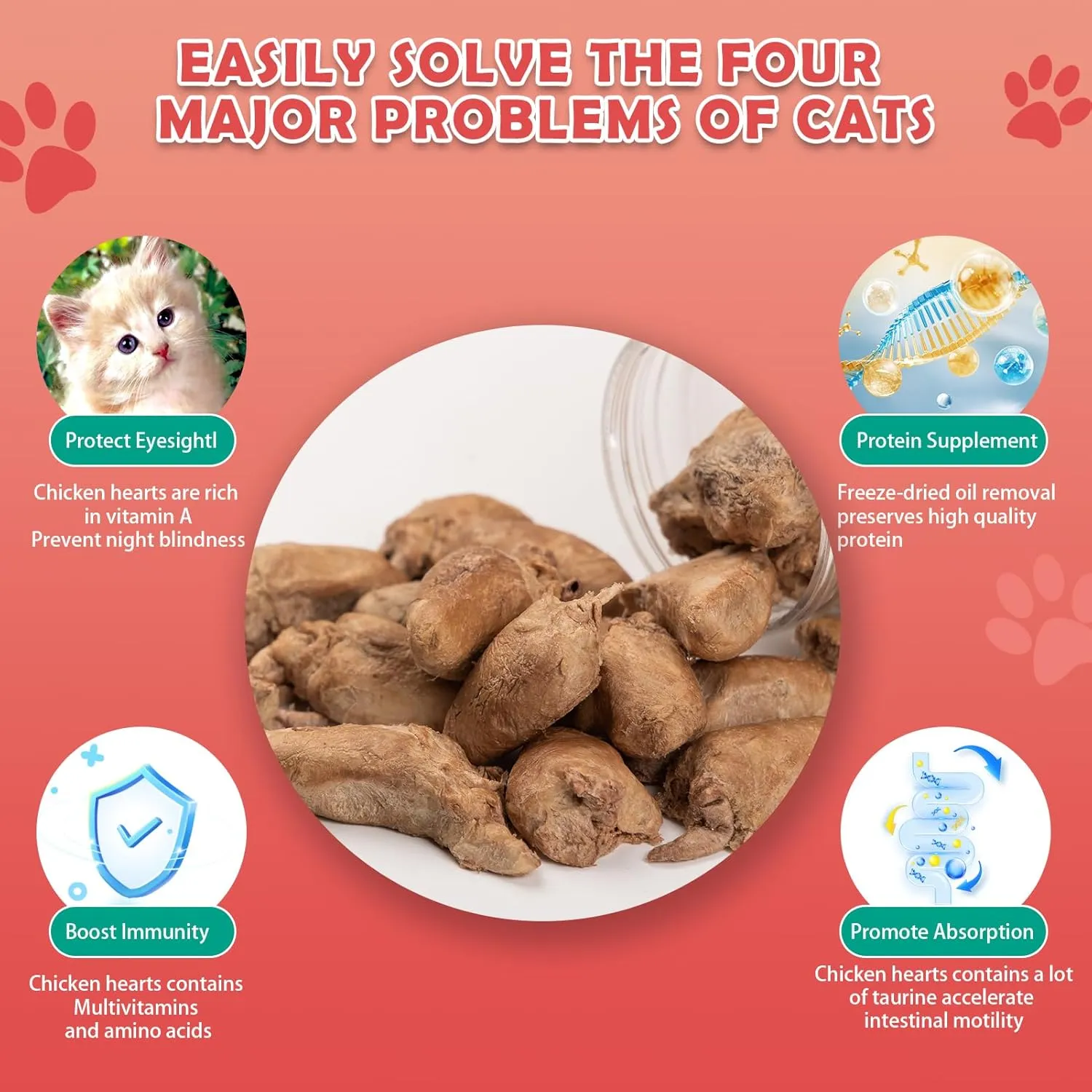Freeze Dried Chicken Heart - Single Ingredient Cat & Dog Treats High Protein Training Snacks Grain-Free Rich in Taurine Natural Chews for Puppy Kitten & Adult Pets 3.5OZ