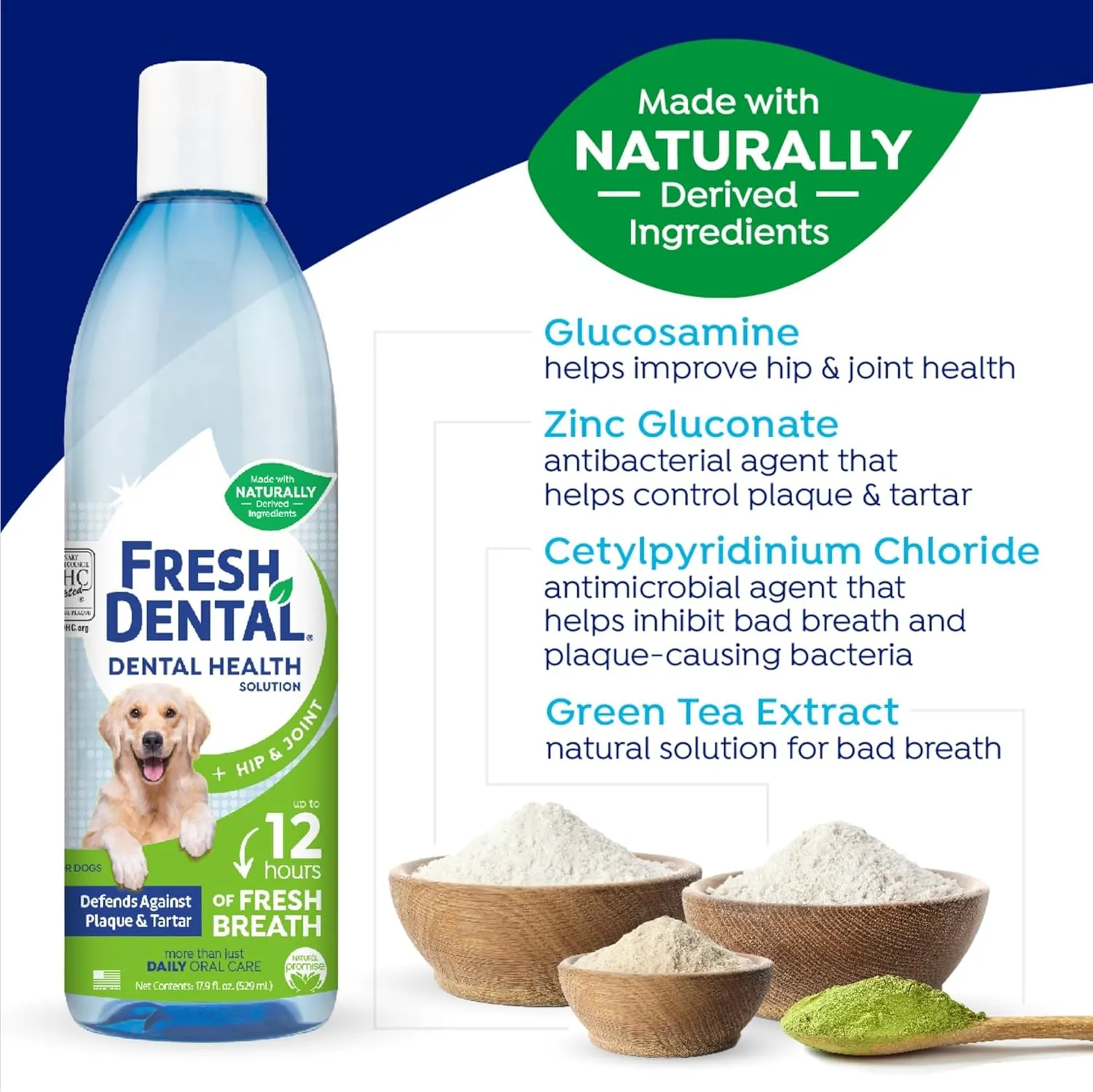 Fresh Dental Plus Glucosamine for Hip & Joint Water Additive for Dogs, Dog Breath Freshener and Teeth Cleaning Solution, No Toothpaste or Toothbrush Required, Vet Recommended, Made in the USA, 16oz.