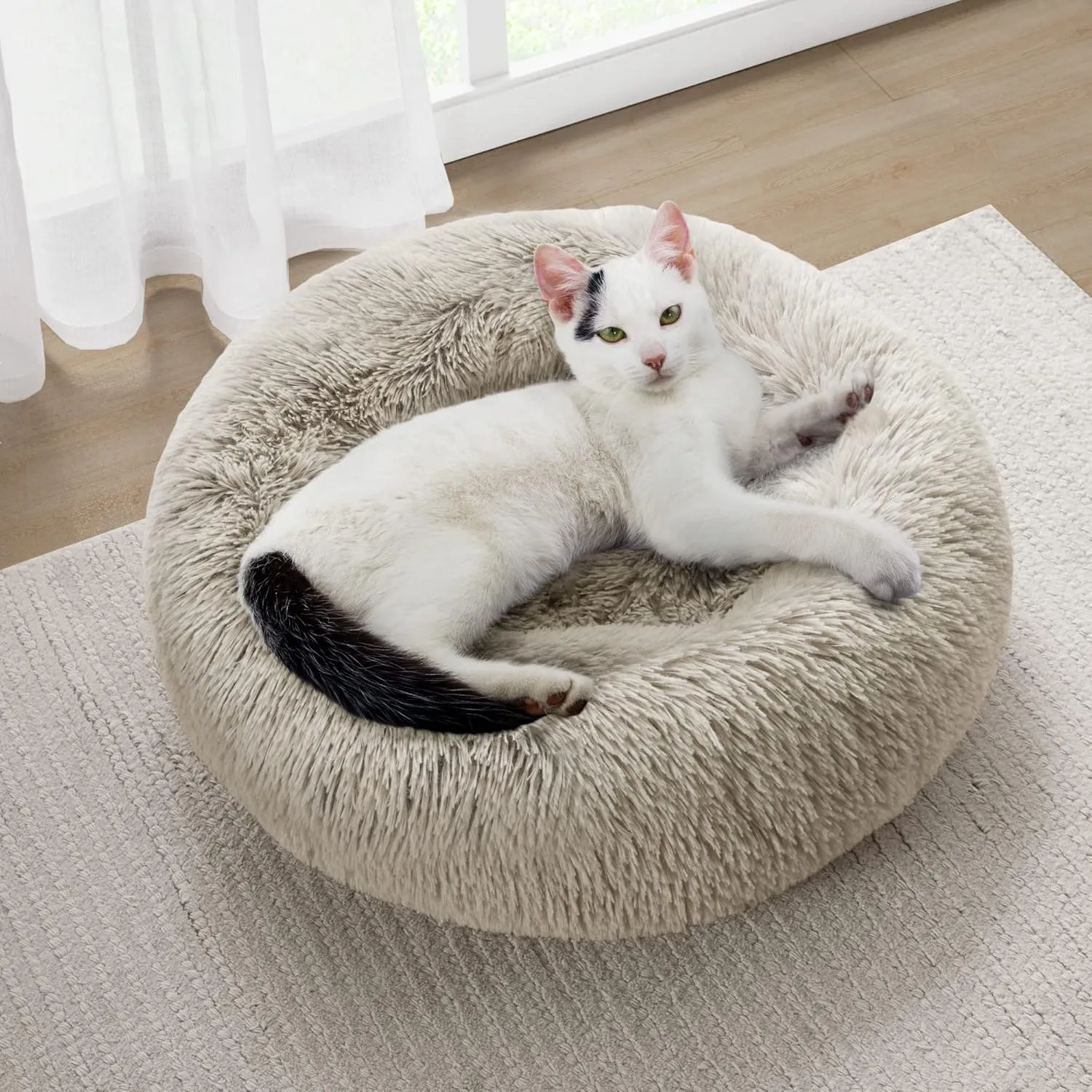 Friends Forever Serena Donut Memory Foam Orthopedic Dog Bed, Soft Faux Fur Oval Cat Couch For Indoor Pet, Fluffy Calming Plush Shag, Round Raised Bolster Cushion, Machine Washable Cuddler, Tan
