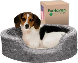 Furhaven Dog Bed for Medium/Small Dogs w/ Removable Washable Cover & Pillow Cushion Insert, For Dogs Up to 18 lbs - Ultra Plush Faux Fur Oval Lounger - Gray, Medium