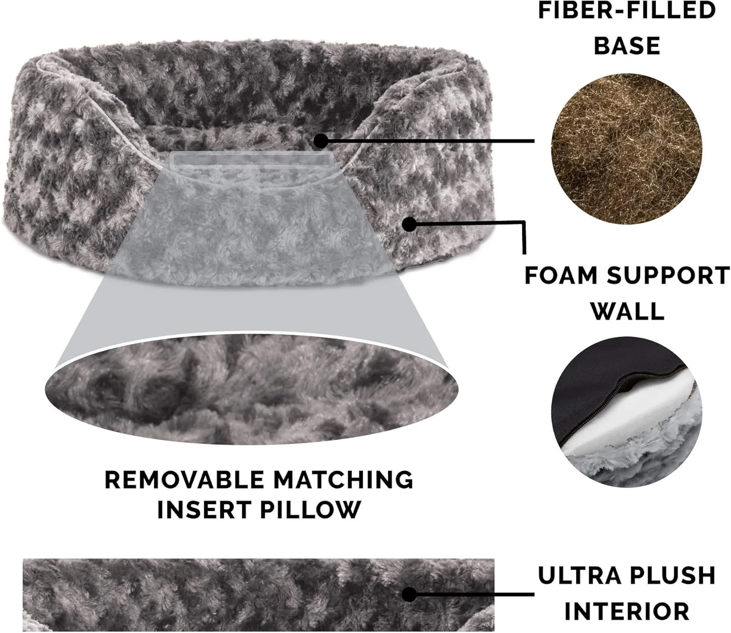Furhaven Dog Bed for Medium/Small Dogs w/ Removable Washable Cover & Pillow Cushion Insert, For Dogs Up to 18 lbs - Ultra Plush Faux Fur Oval Lounger - Gray, Medium