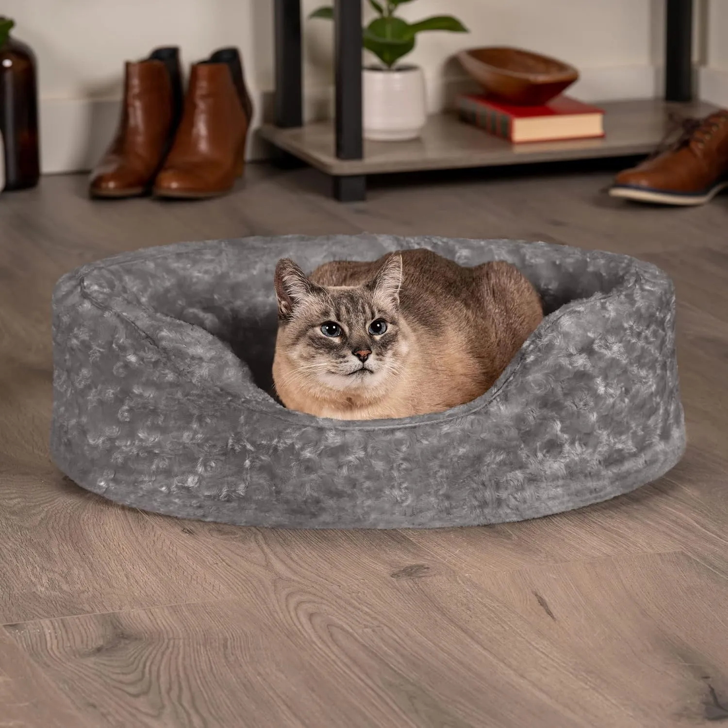 Furhaven Dog Bed for Medium/Small Dogs w/ Removable Washable Cover & Pillow Cushion Insert, For Dogs Up to 18 lbs - Ultra Plush Faux Fur Oval Lounger - Gray, Medium